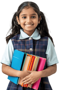 Young girl smiling with books, participating in after school activities in NYC.