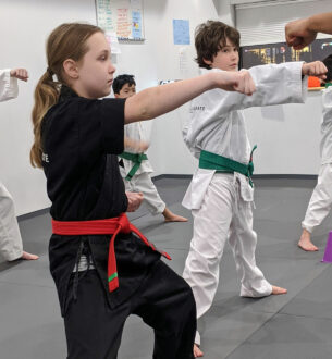 Young students practicing martial arts techniques in a Kids Martial Arts class at Johnny Karate NYC.